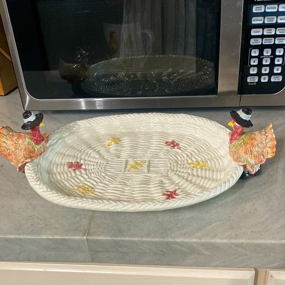 2 Vtg Fitz and Floyd Pilgrim's Progress Leaf Turkey Thanksgiving Serving Platter - Picture 2 of 16